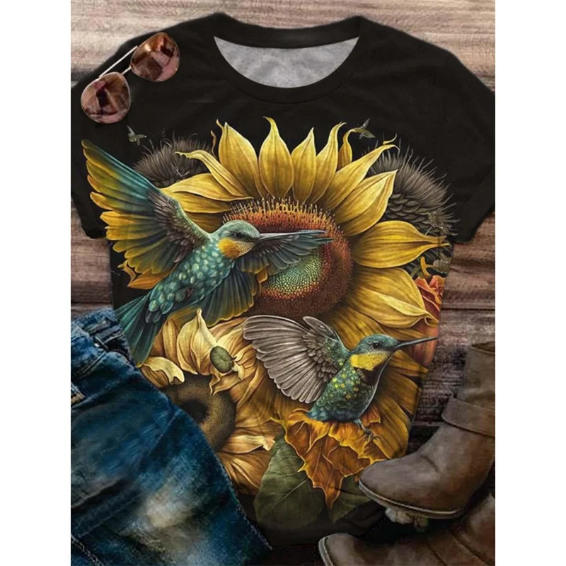 Flower Sunflower T-Shirt For Women Birds Insects 3D Printed Tees Summer Oversized Tops Short Sleeves Personality O-Neck T Shirts