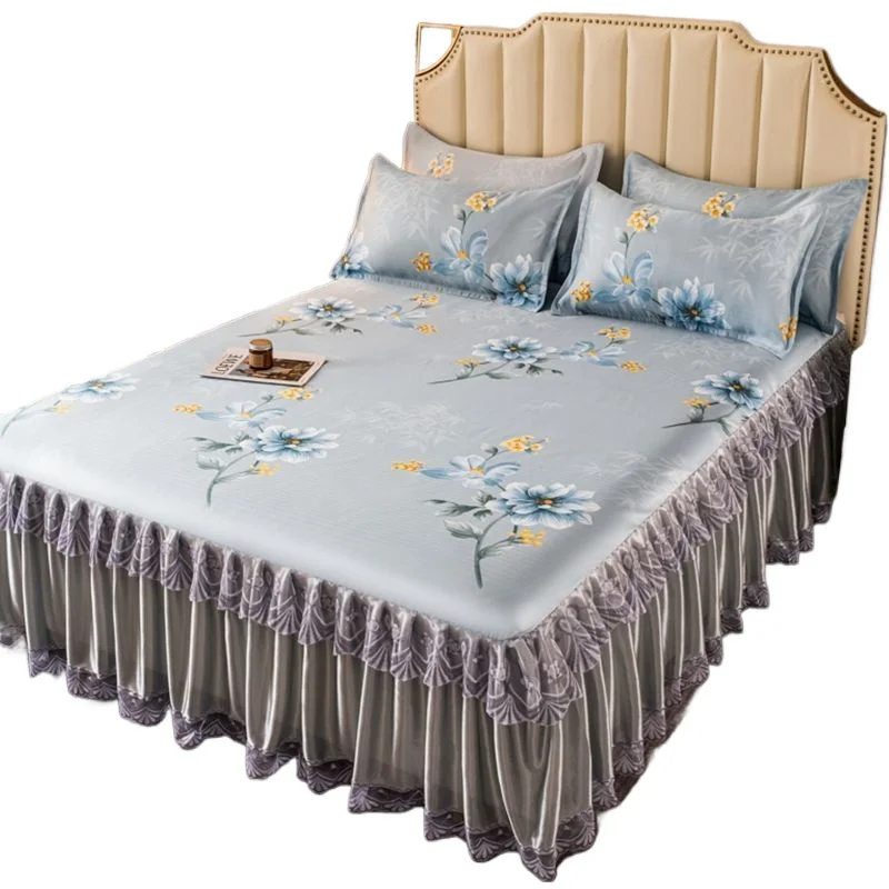 

3pcs Set Summer Cool Bedspread King Queen Size Floral Romantic Printed Bed Skirt with 2pcs Pillowcase Anti-slip Bed Cover