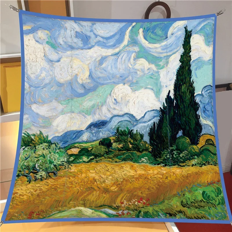 Vintage oil painting wind twill silk square scarf female Van Gogh wheat field sunflower handmade hemming silk scarf decoration