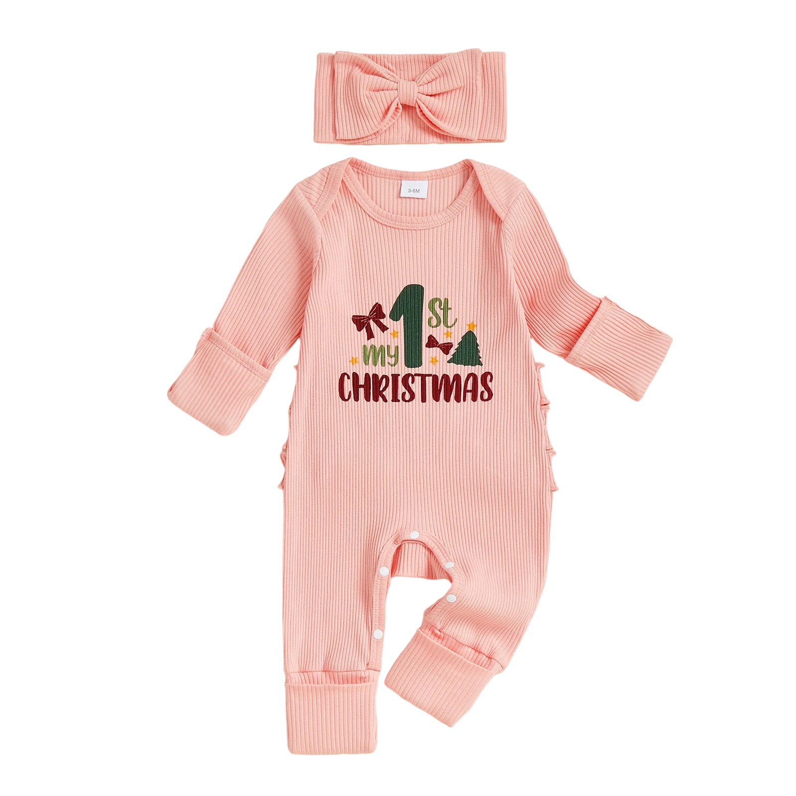 

Комбинезон для новорожденных девочек, рождественский комбинезон с длинными рукавами и буквенным принтом в виде рождественской елки и повязкой на голову, осенний наряд