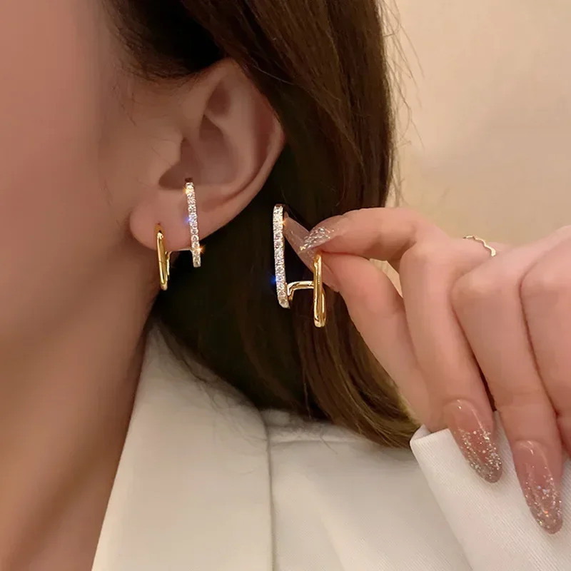 2pairs 2025 New Design Irregular U-shaped Gold Color Earrings for Woman Korean Crystal Fashion Jewelry Unusual Accessories Girls