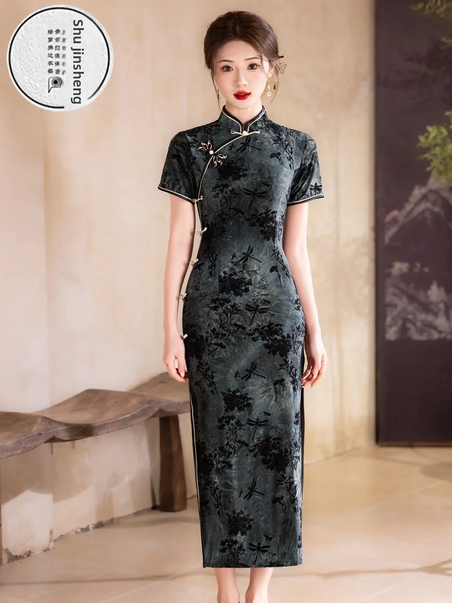 ele-bla-velvet-dr-women's-spring-summer-new-sle-daily-wear-beautiful-slimming-chinese-sle-dr