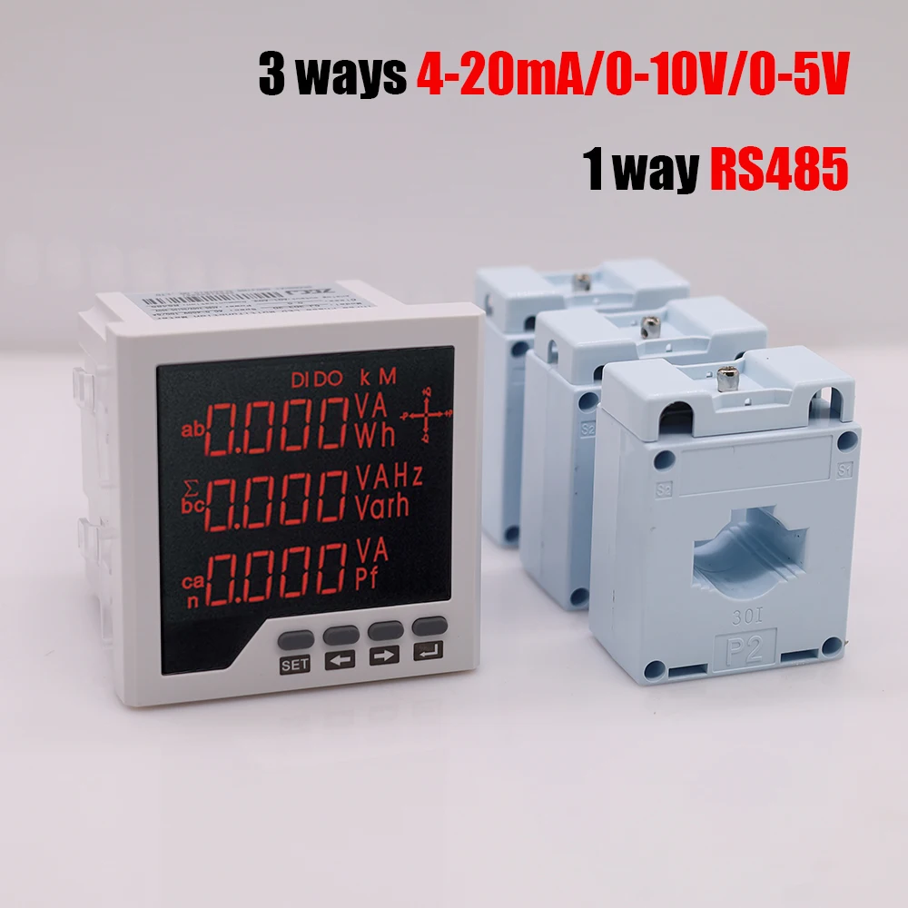 3 phase multifunction electric panel meter with 3 channels 4-20mA / 0-10V / 0-5V analog signal output and 1 way RS485 output