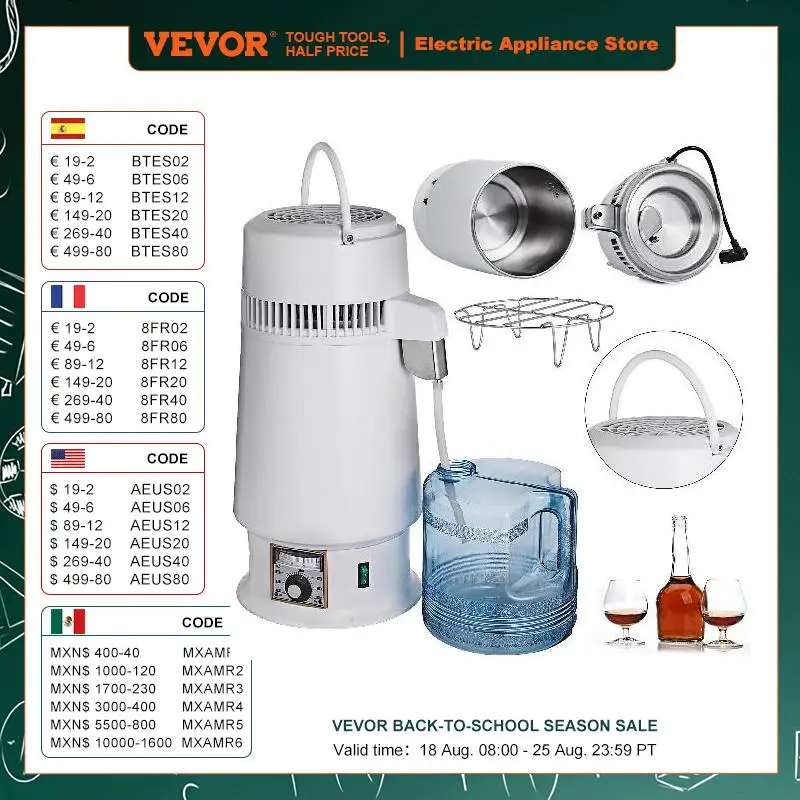 VEVOR 4L Pure Water Distiller Filter Stainless Steel Adjustable Temp Water Bottle Dental Distillation Purifier Home Appliance