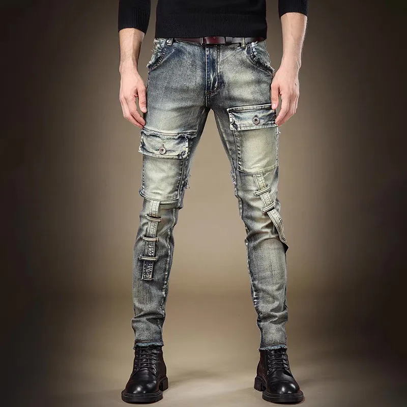 Celana Jeans Pria Model Ripped Distressed Denim Washed Panjang Se-mata Kaki Model Pensil Sambungan Patchwork Skinny Berlubang Gaya High Street