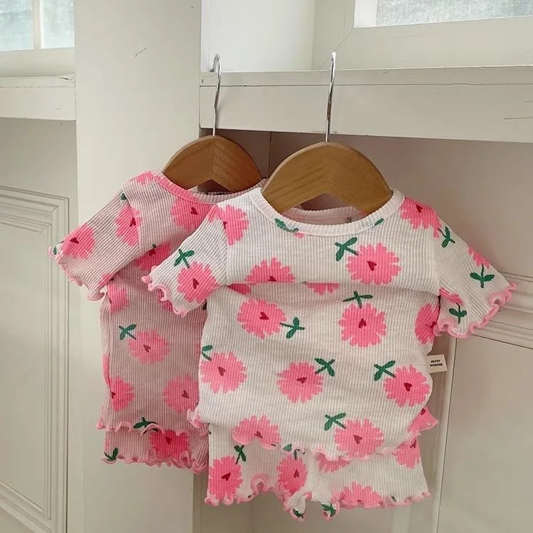 

2024 Summer new baby Korean short sleeve set children's fashion small floral home wear two sets