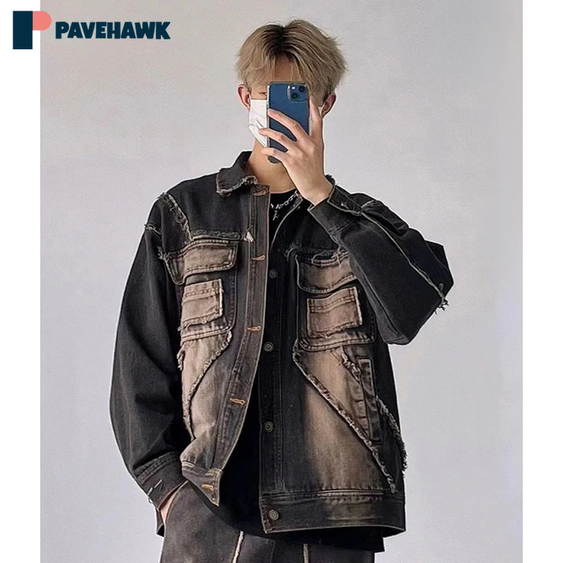

Retro Raw Edge Denim Jackets Men Hip Hop Distressed Washed Casual Coats Spring Autumn Japanese High Street Cowboy Tops Outwear