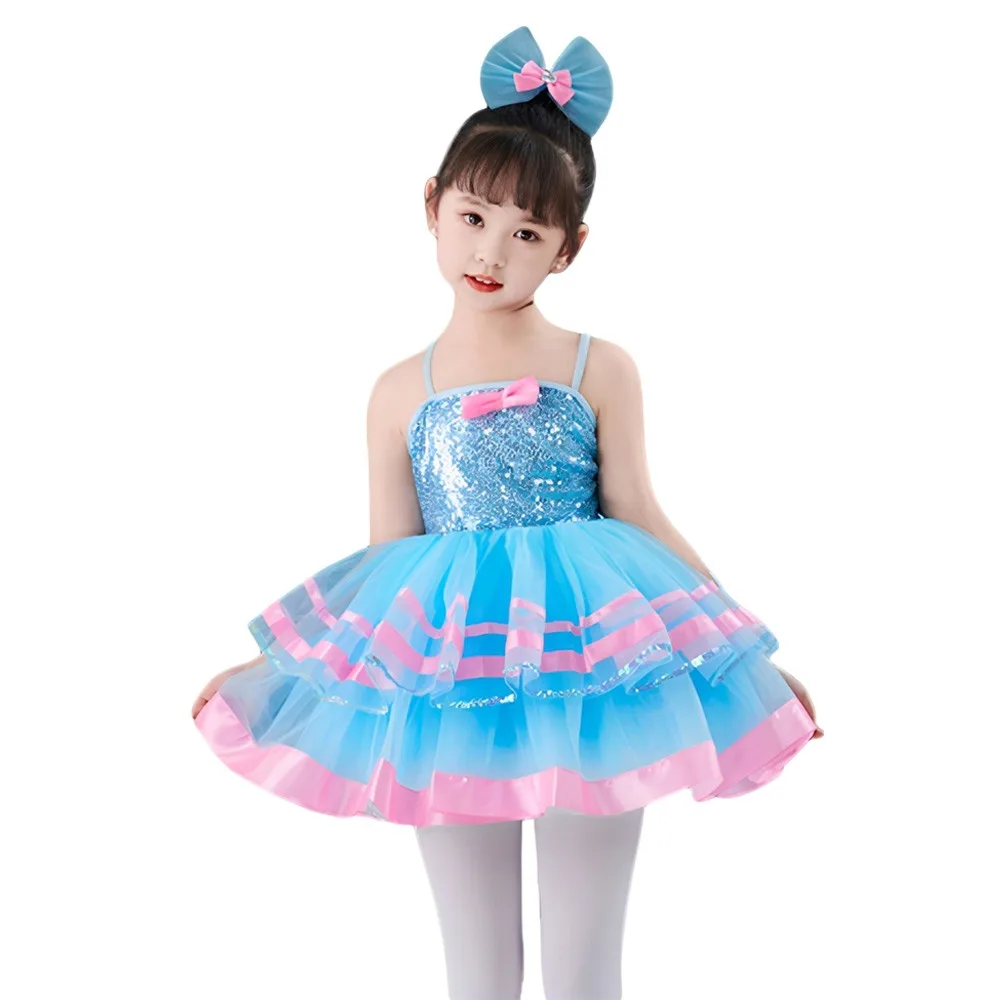 Sequins Girls Stage Dance Costumes with Headwear Romantic Children Dance Dress Modern Dance Dance Suit Performance Costume Kids