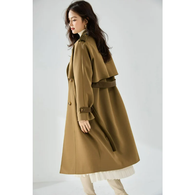 

Autumn Khaki Trench Coats Women Belt Windbreaker Jackets Leather Epaulettes Elegant Mid-Length Top Loose Straight Lapel Clothing