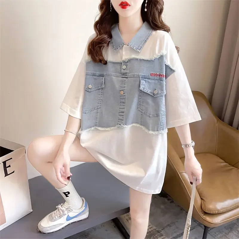 DAYIFUN-Large Size,Denim Patchwork T-shirts,Women's,Medium and Long Design,Lapel Tees,Loose,Versatile Short Sleeve Tops,Tshirt