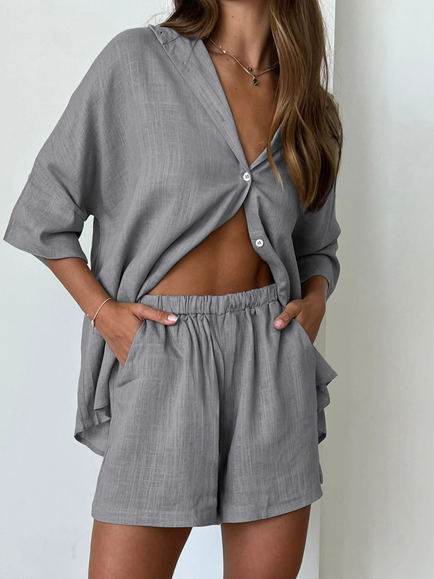 Marthaqiqi Loose Ladies Nightwear 2 Piece Suit Long Sleeve Nightgowns Turn-Down Collar Pajamas Shorts Causal Home Clothes Women