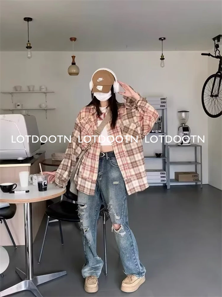 LOTDOOTN Spring New Pink Plaid Shirts Top Women Street Wear Gingham Casual Long Sleeve Top Single-Breasted Oversize Shirt Ladies