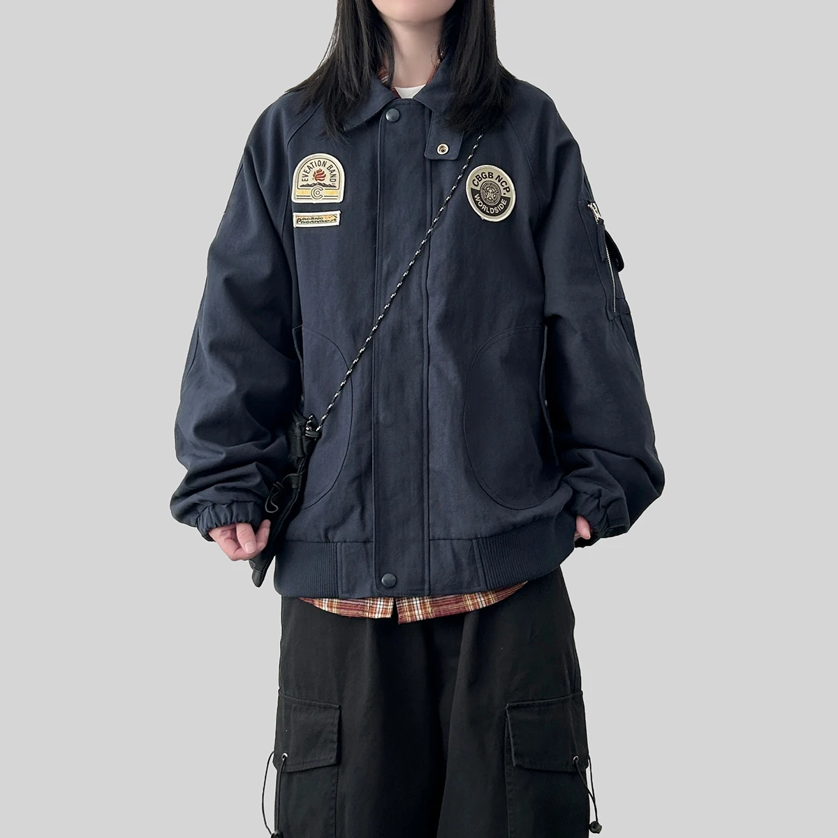 

American Retro ex Casual Pilot Jaet Bae Lapel Zipper Decorated Loose Fit Workwear Sle Spring Autumn Baseball Coat
