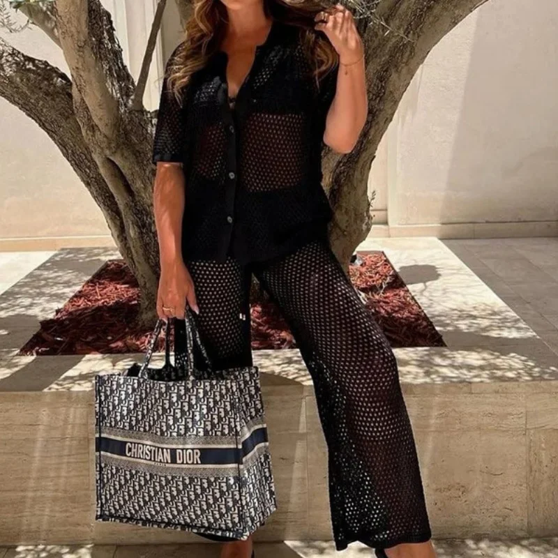 섹시한 투피스 휴가복 세트 여성용 솔리드 반팔 싱글 버튼 탑 드로스트링 스트레이트 팬츠 2025 신상 비치웨어