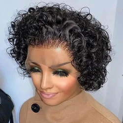 Short Curly Pixie Wig Curly  Bob Human Hair Wig Cheap 13X1 Transparent Lace Frontal Water Deep Wave Lace Wig Prepluck Human Hair