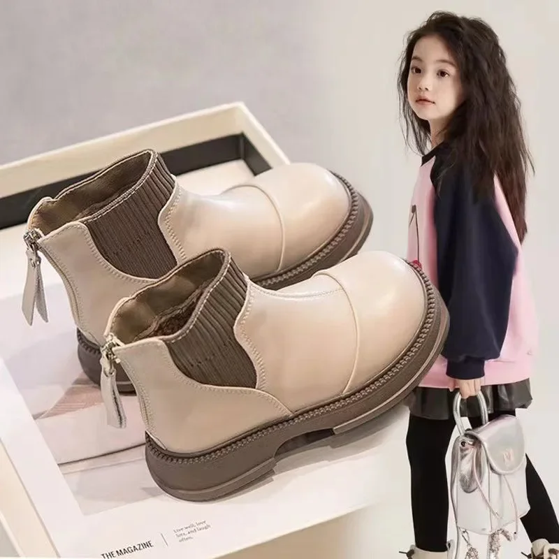 Stivali corti da ragazza Nuovo 2024 Autunno Moda Tessuto Bambini Calzino Stivali Bambini Flessibile Cerniera posteriore Stivaletti per bambini