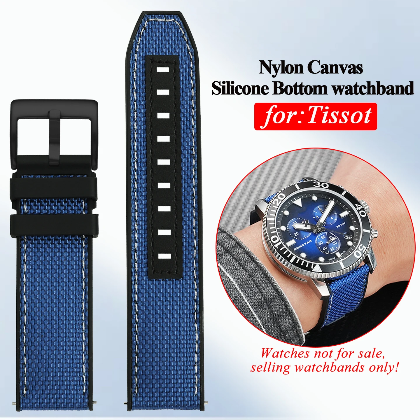 22mm watch strap for Tissot 1853 Speedster Black Knight T125617A T116.617 T125 T116 Nylon Canvas Silicone Bottom watchband black