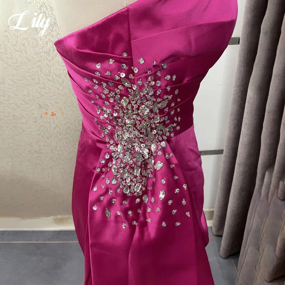 فستان حفلات أنيق من Lily Fuchsia بدون حمالات بدون ظهر وفتحة جانبية للحفلات الراقصة ترتر لامع مطوي زائدة فستان سهرة مخصص