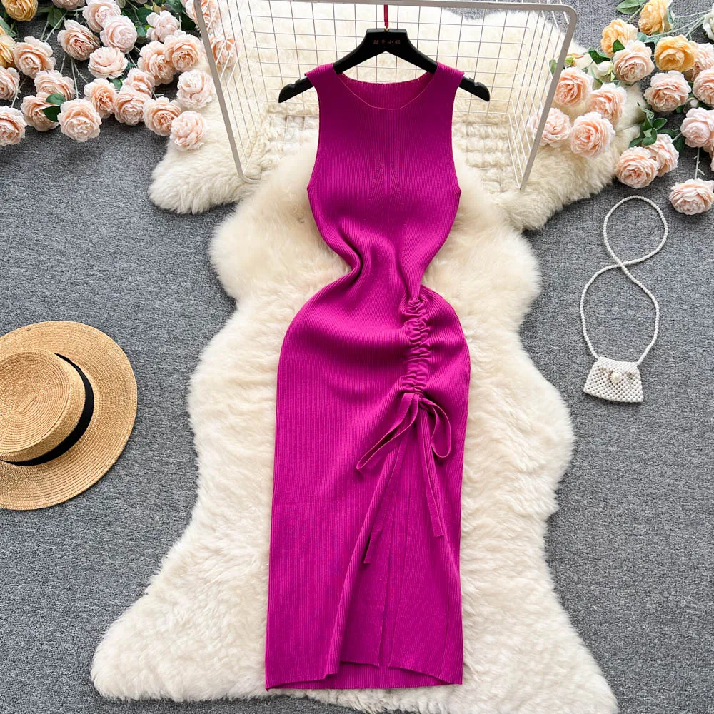 Yuoomuoo Mode Sommer Bodycon Strickkleid sexy Paket Hüften Kordel zug Split schwarze Frauen Kleid Basic Lady Party Vestidos