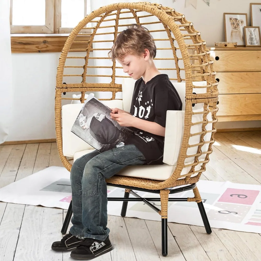 Rattan Egg Chair for Children, Indoor Wicker Kids Egg Chair, Outdoor Patio Rattan Egg Chair with Overstuffed Cushions