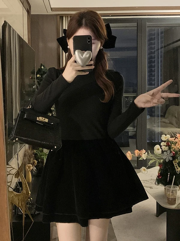 

plus Size Princess Style Knitted Dress Hepburn A-Line Short Skirt Long Sleeve High Waist Autumn Winter Slimming Fashionable D...