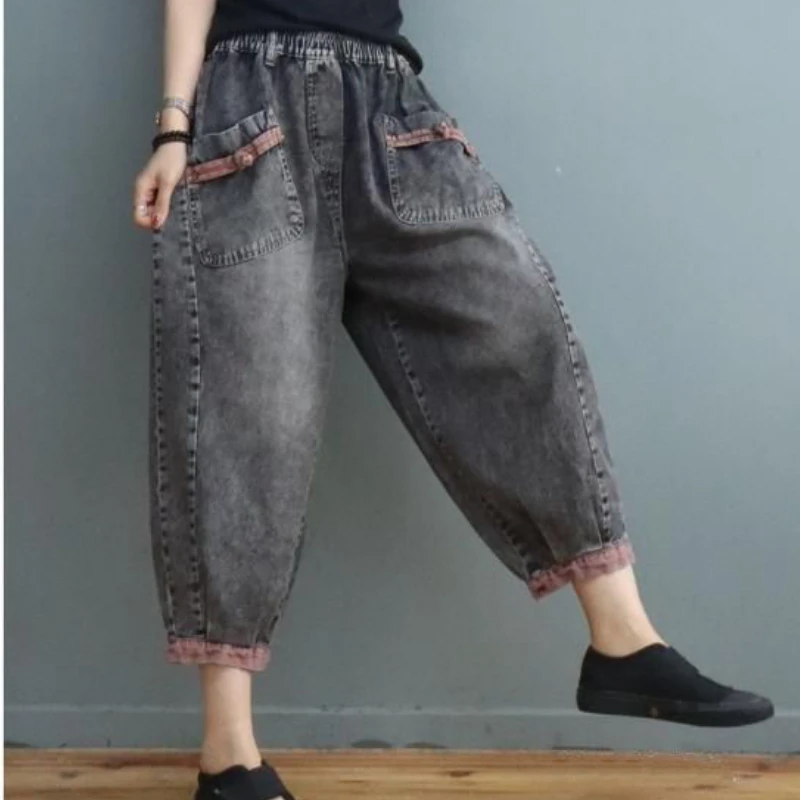 Jeans jeans de arlequim para mulheres, calças largas vintage, cintura alta, streetwear chique casual, roupas finas de verão, preto, Y2k