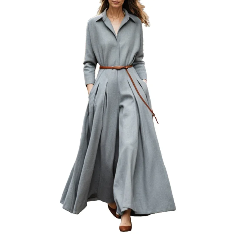 Lemongor British Style Long Sleeves Pleated Lapel Wide Leg Jumpsuits Women 2024 New Spring Autumn Casual Office Grey Jump Suits