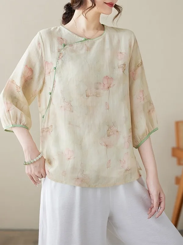 

Loose Retro Print round Neck Shirt Large Size Women's Casual Cotton Blend Button up Sleeveless Double Layer Overhead Blouse