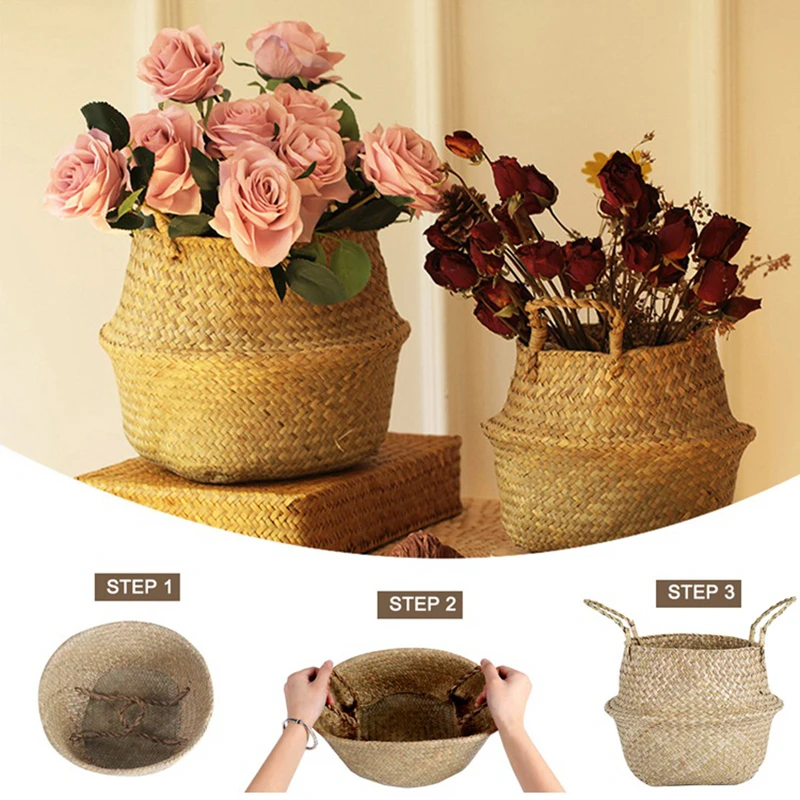 Seegras Wicker Woven Lagerung Korb Pflanzung Blumentopf Organizer Folding Wäsche Korb Hause Garten Bauch Mimbre Korb – Detail 4