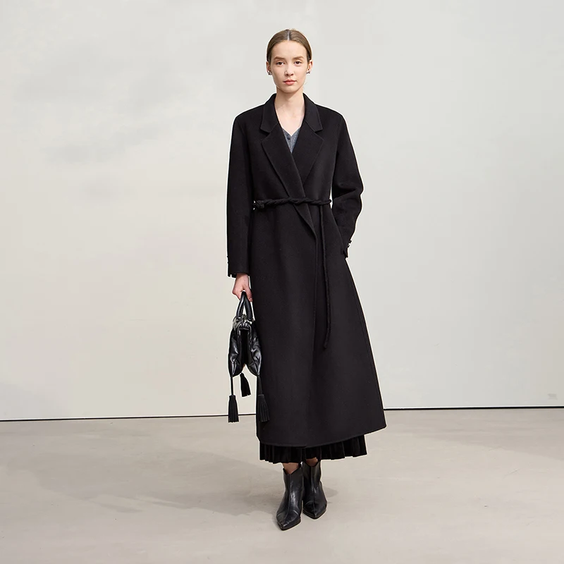 AMII abrigo de lana para mujer 2025 invierno nuevos abrigos largos versátiles para mujer con cinturón 100% chaqueta de Tweed de doble cara de lana 12544044