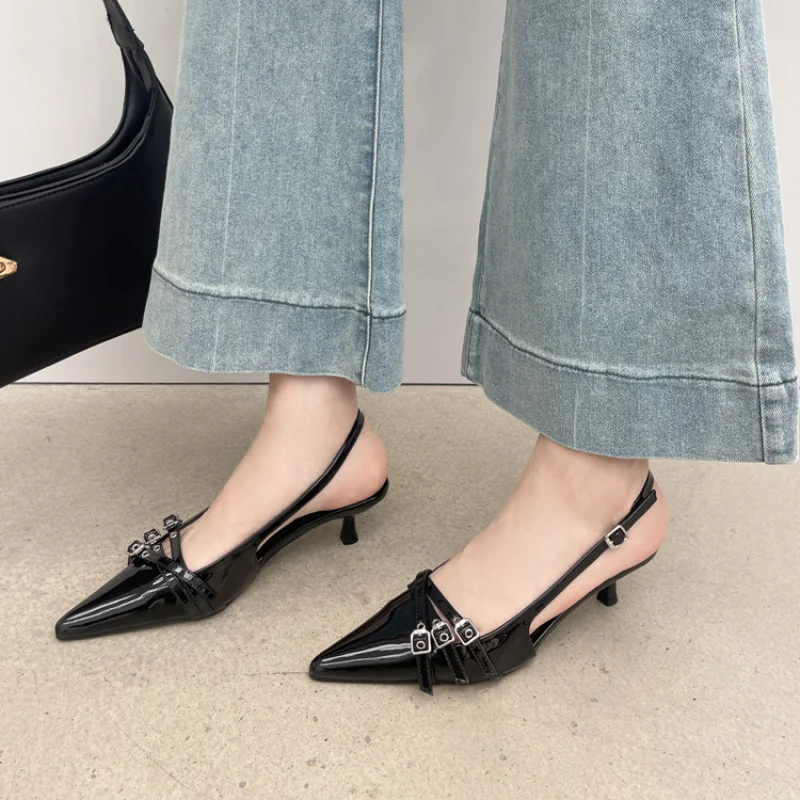 Slingbacks Pumps New Ladies Medium Heels Shoes Female Shallow Fashion Pointed Toe Footwear Women Heeled Shoes Wine Red 2024