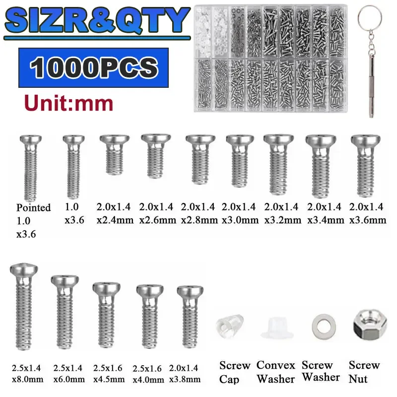 1000Pcs Glasses Screw Stainless Steel Small Screws Nuts Set Phillips Cap 18 Size Accessories Kit for Repair Sunglass