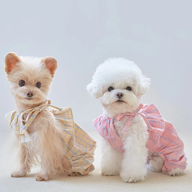 

Dog Clothes Two Legs Ruffle Around Pink Plaid Sling Jumpsuit Dog Clothes Outdoor Sweatshirt XS-XL Spring Dog Summer Onesie