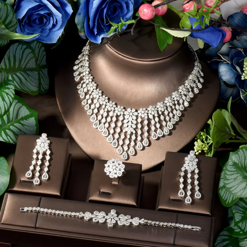 

HIBRIDE Luxury Fashion 2025 New Out Tear Tassel Necklace Earrings Dress Accessories Set Jewellery Bridal Wedding Party S-254