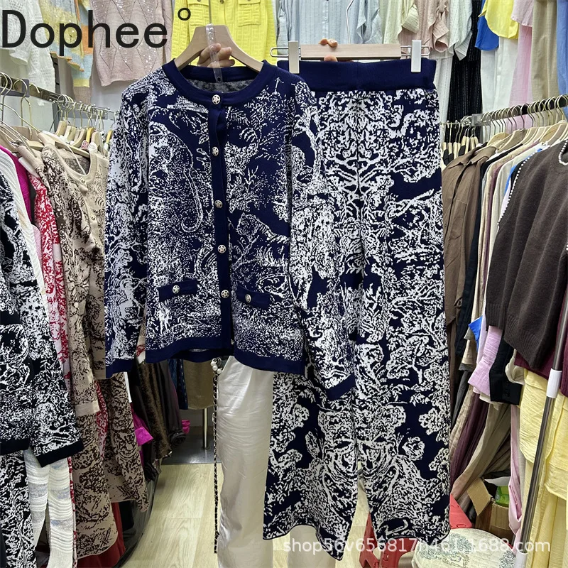 

New Autumn Winter Printing Knitted Set Women Single-breasted O-neck Long Sleeve Cardigans Top + Elastic Waist Wide Leg Pants