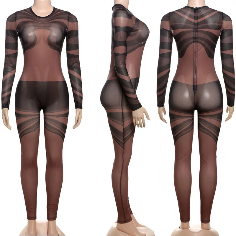 Tute trasparenti in rete sexy Abiti da club per donna Manica lunga O-Collo Patchwork stampato Tuta aderente aderente sottile Pagliaccetti da festa Donna