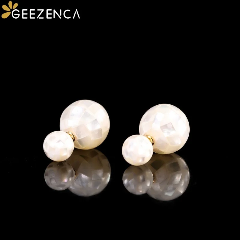 GEEZENCA Mother of Pearl Duo Ball Front Back Stud Earrings Women 925 Silver White Black Sphere Trendy Delicate Earring Her Gift