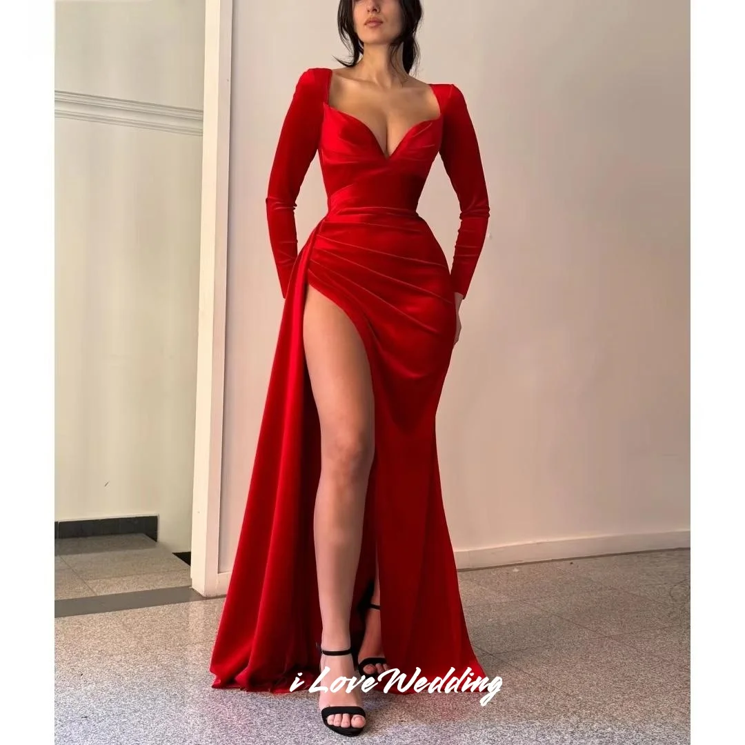 Red V-neck Evening Dresses 2025 Long Sleeve Mermaid Side Split Floor-Length Pleated Prom Dress Wedding Party Dresses Customized