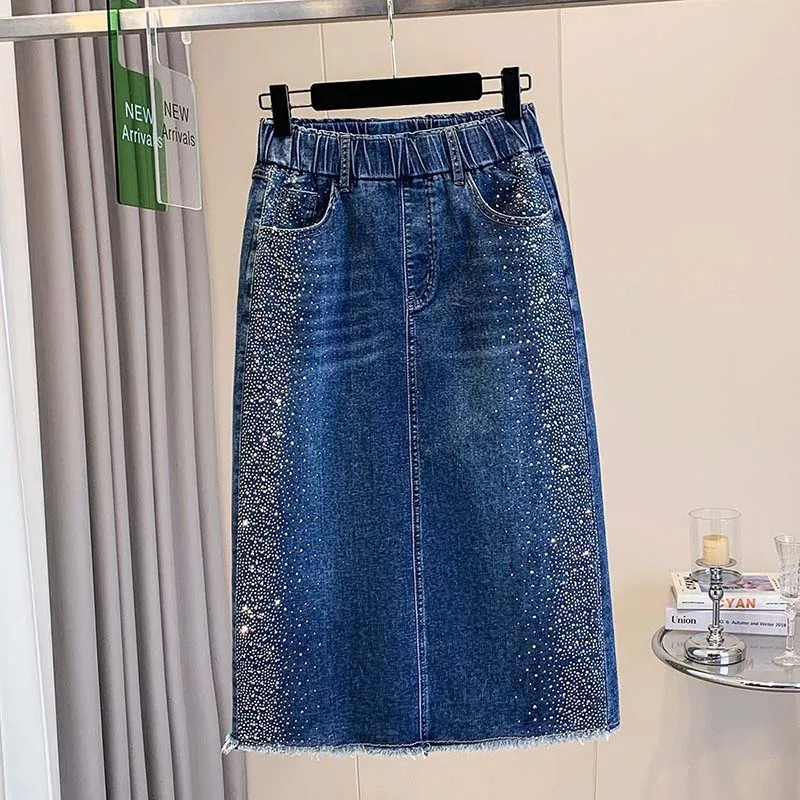 Übergroße Diamanten Blaue Jeansröcke 2026 Damen Sommer Trendiger Hochgeschnittener Strass Mittellanger Rock Freizeitkleidung Jeansrock