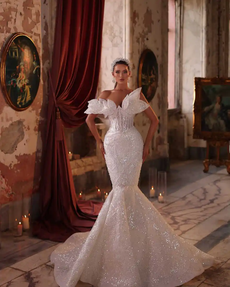 Magnifique robe de mariée sirène à paillettes, robes de patients personnalisées, une mariée initiée, tout ce qui est froncé, poignées amovibles, train de balayage