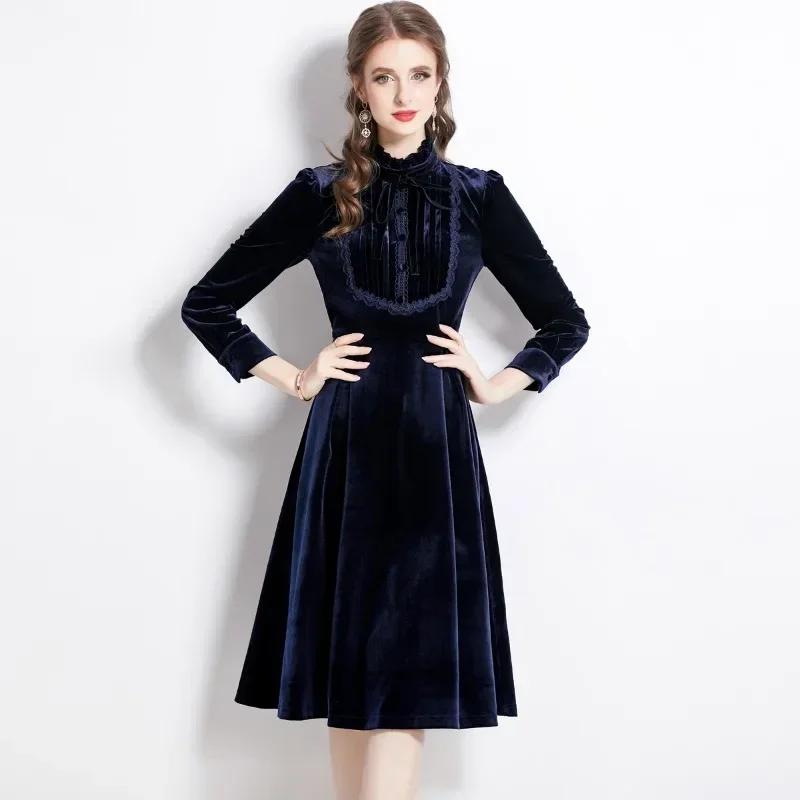 Royal Blue Stand Collar Commuter Long Sleeve Canary Slimming MIDI Dress Long Dresses for Women