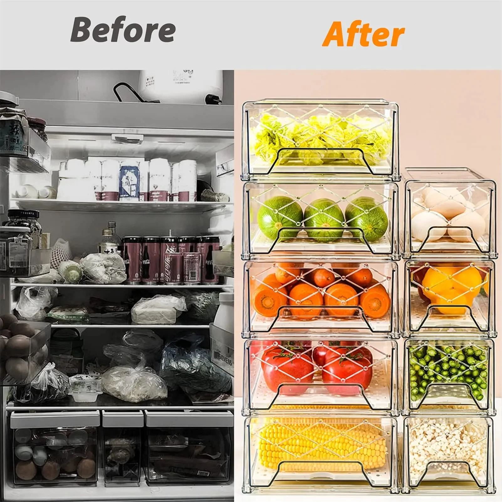 Fridge Organizer Stackable Refrigerator Organizer Bins Reusable Food Storage Containers, Fridge Drawer Organizer in Home Kitchen