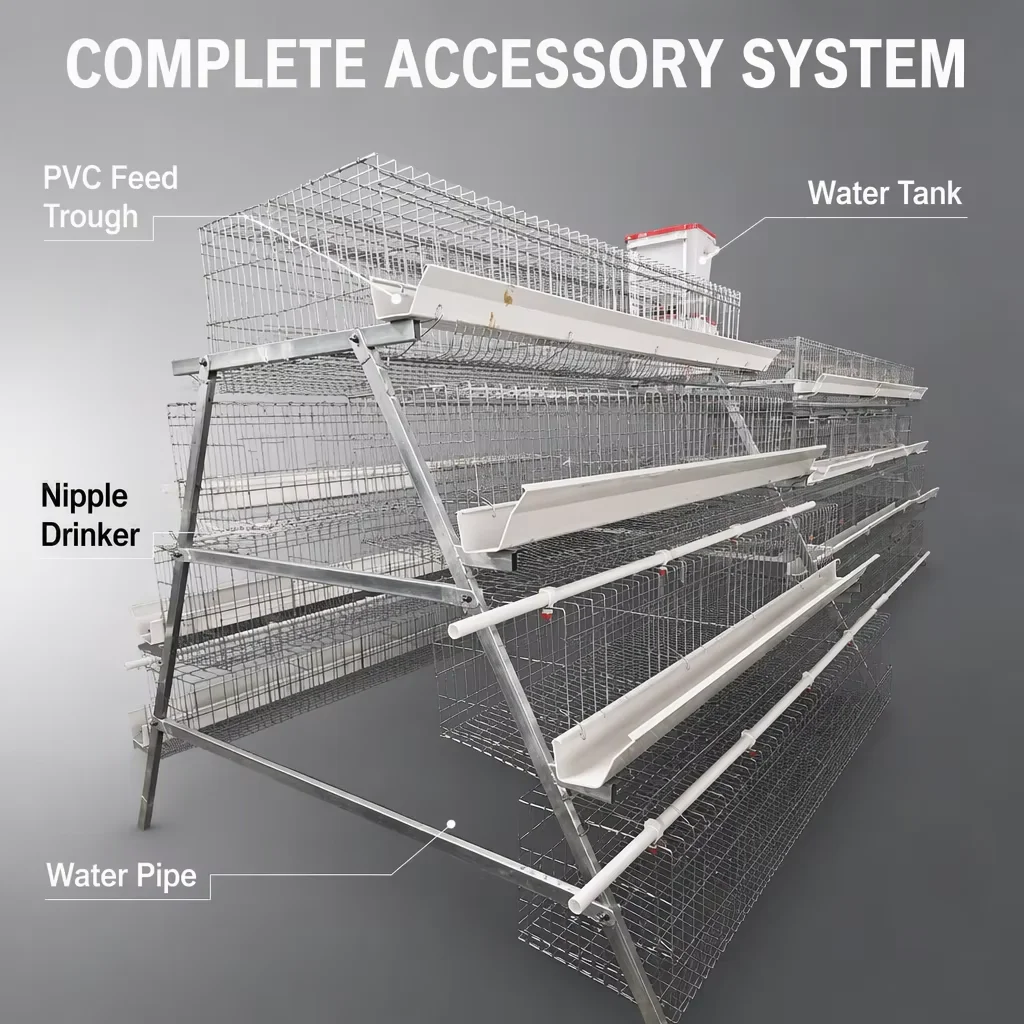 Large Capacity a Type Layer Chicken Cage 3/4 Tier Hot Galvanized StructureDurable Egg Laying Cage for Africa Poultry Breeding