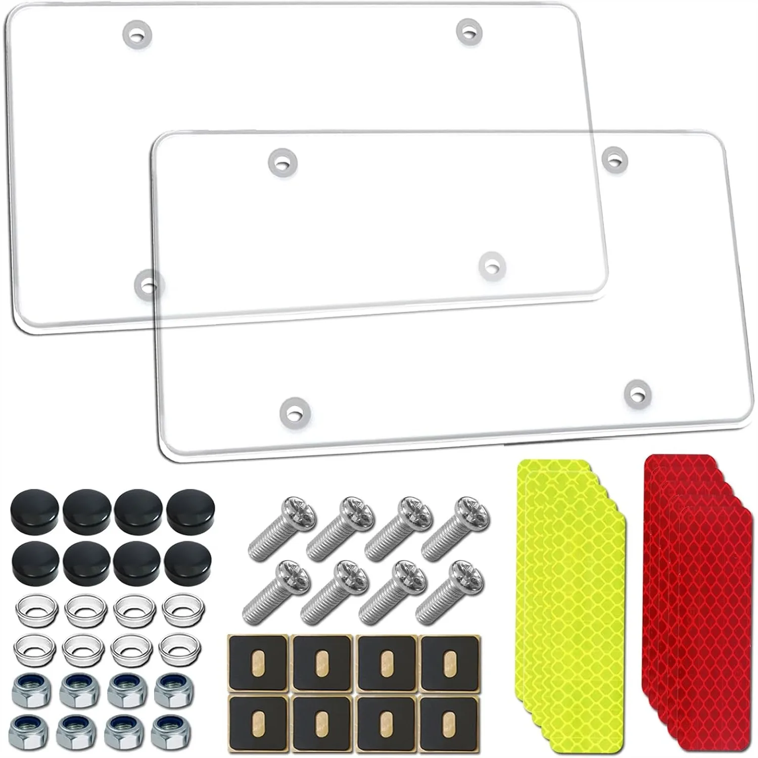 

Clear License Plate Covers 2 Pack Heavy Duty Polycarbonate Shields with Screws and 10 Reflective Stickers for Front or Rear Car