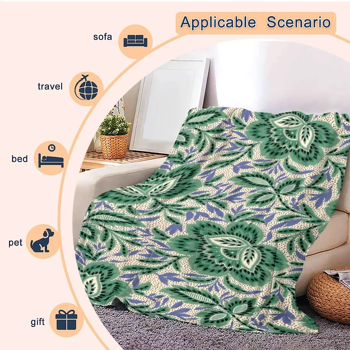 Large Cozy Botanical Print Blanket Throw Sofa Bed Decor Green Blue Leaf Pattern Textile 150x200cm