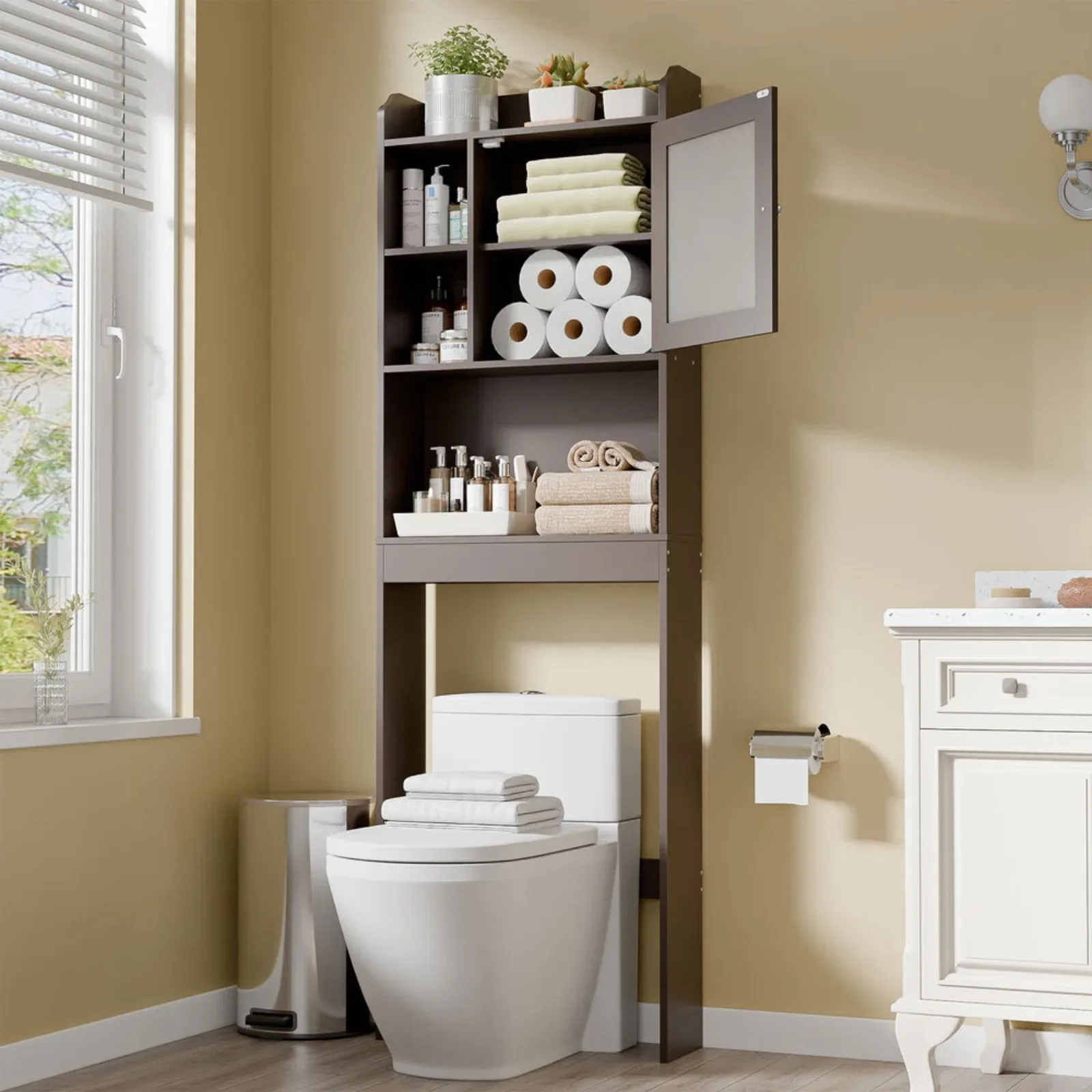 US Over The Toilet Bathroom Storage Wood Cabinet Organizer w/Adjustable Shelf Brown