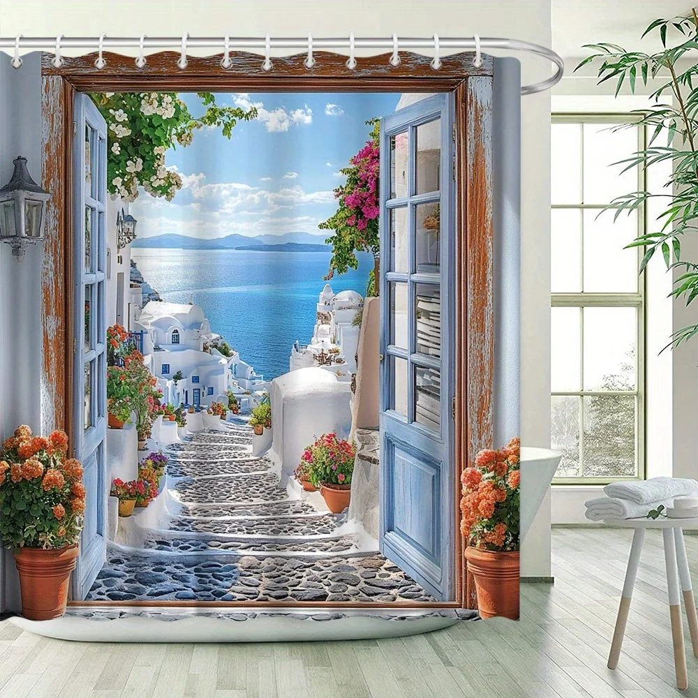 Greek Island Shower Curtain - White Buildings, Azure Sea & Flowers, Vibrant Mediterranean Scene, Water-Resistant
