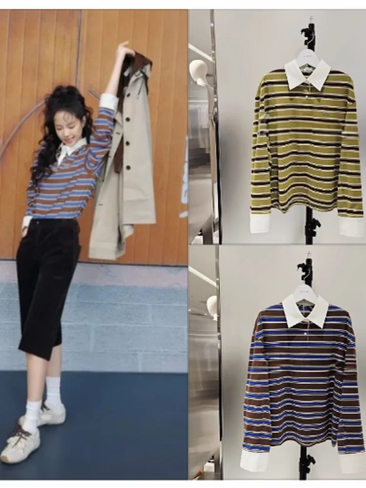 

Удобный свободный полосатый длинный свитер-футболка в стиле ретро, женский хлопковый топ ярких цветов, повседневный стиль, осень 2025