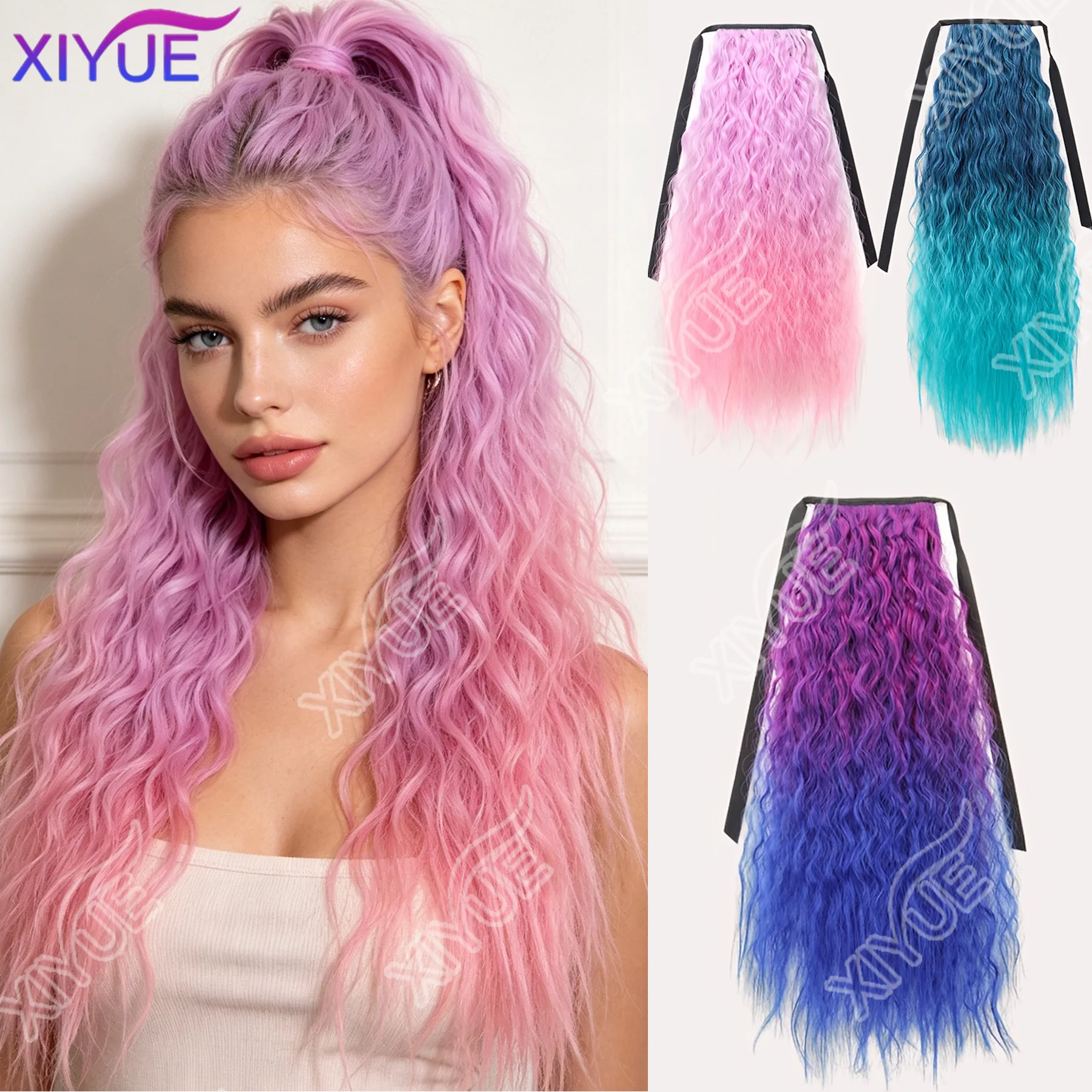 

XIYUE Long Synthetic Corn Wave Ponytail Extension Clip In Ombre Blue Pink Curly Wavy Hair Extensions Tie Up Ponytail Hair Piece