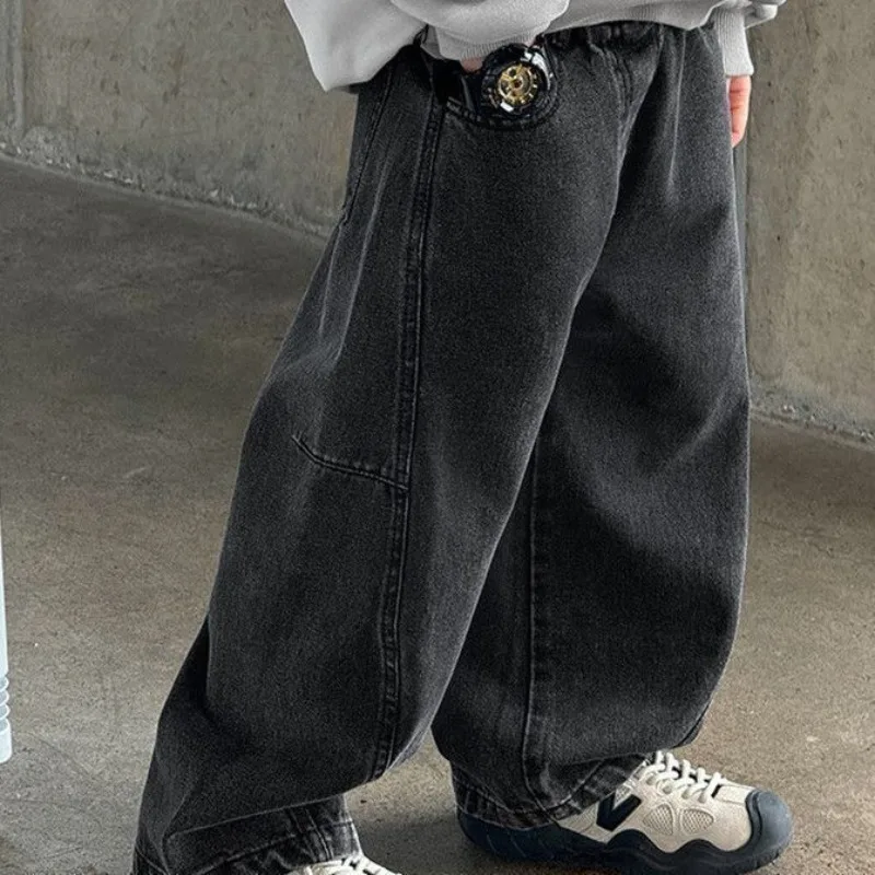 

2025 Spring Autumn Boys' Black Designer Jeans Loose Fit Long Pants Stylish Casual Trendy